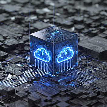 Das Bild zeigt einen Würfel mit einem Cloud-Symbol über einem abstrakten Mainboard.