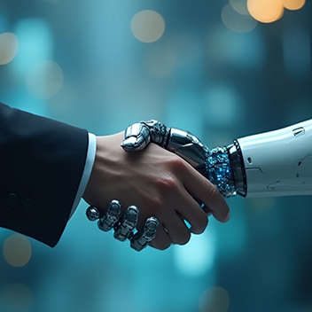 Eiun Händeschütteln ist zu sehen, von links reicht ein menschlicher Arm in Anzug ins Bild, von rechts der Arm eines rOBOTERS: