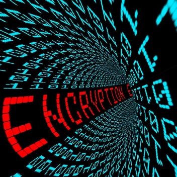 Das Bild zeigt einen digitalen Kanal aus 0 und 1, in dem in roter Schrift Encryption steht.