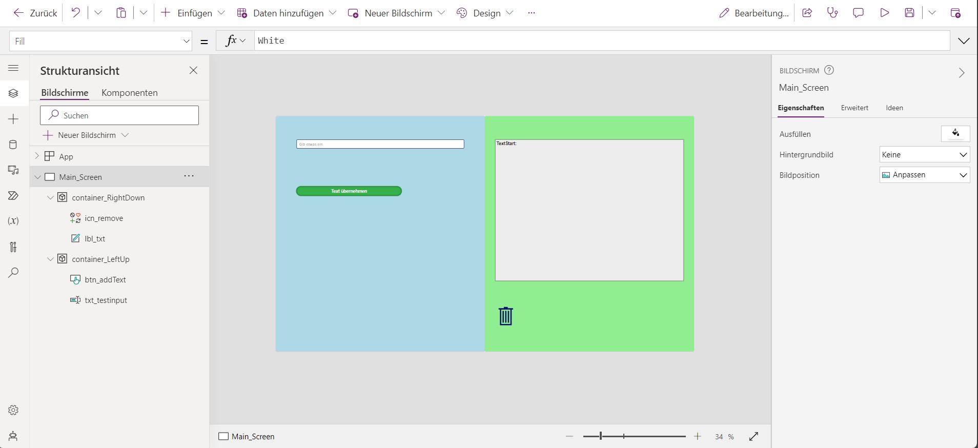 Entwicklungsoberfläche von PowerApps